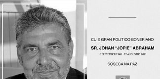 Prome Minister a manda palabranan di condolencia y forsa na famia di Jopie Abraham, Partido Demokratiko Boneriano y pueblo di Boneiro