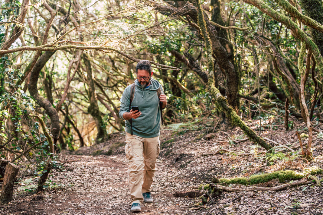 Adult man walk in the woods and use modern internet 5g technolog