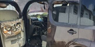 Nissan Cube na candela: interior di auto completamente destrui pa candela