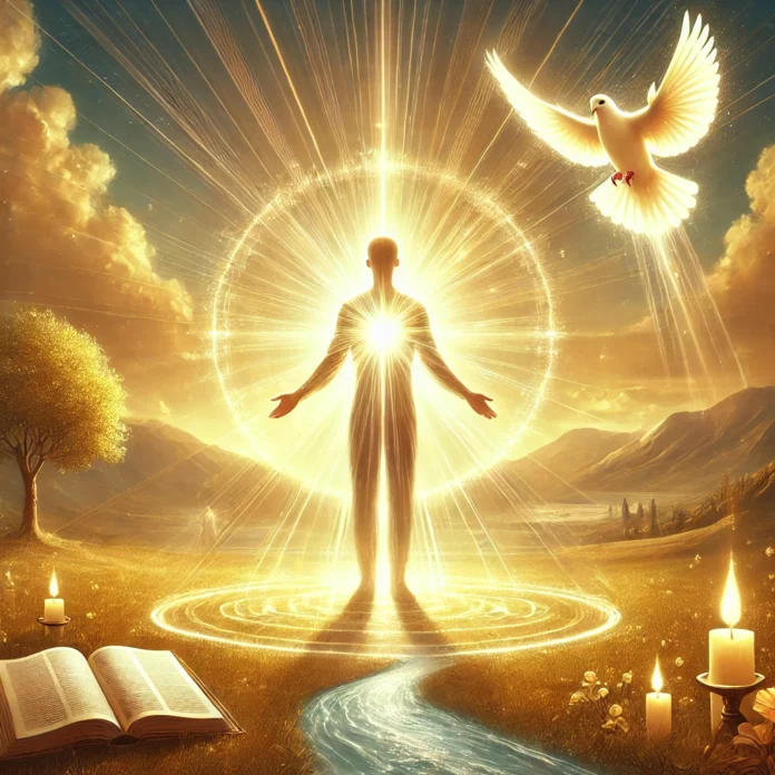 DALL·E 2025-09-30 13.08.18 - A serene and inspiring scene showing a person chosen by God, glowing with inner light. The person stands with open arms in a radiant landscape, symbol