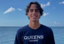 Inald Fernandes Perna di Giants Aquatics Aruba prestigioso pa Queens University of Charlotte, North Carolina