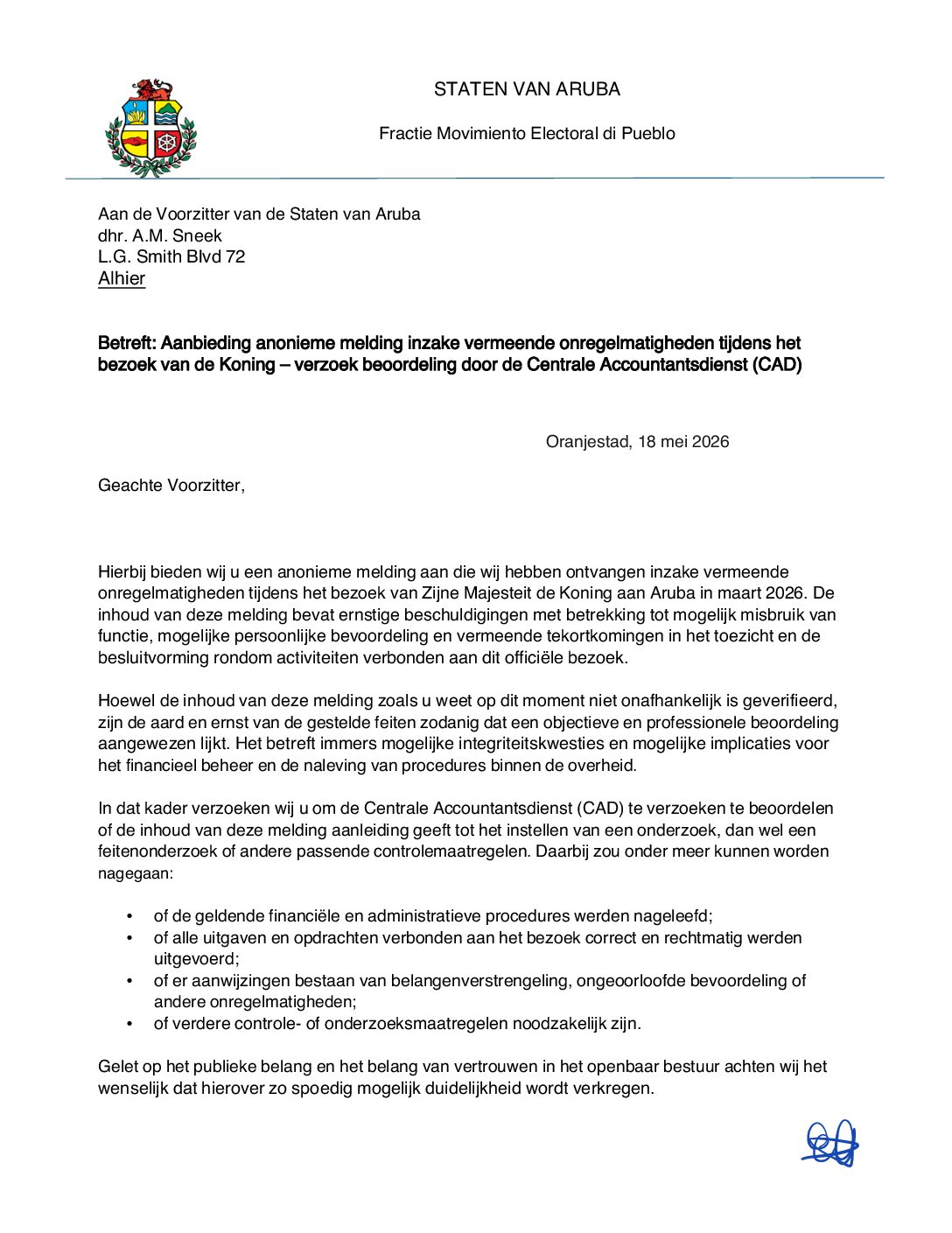 “Un nubia scur riba bishita di Rey”; Fraccion di MEP ta pidi aclaracion, responsabilidad y accion
