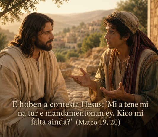 E hoben a contesta Hesus:’Mi a tene mi na tur e mandamentonan ey. Kico mi falta ainda? (Mateo 19, 20)
