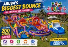 Un bista riba “E Monster Bounce”: e circuito di 200 meter cu ta forma e curazon di Flippy’s Fun Park: Cuater pista, decenanan di obstaculo y un diseño cu ta pone amigo competi contra amigo — Flippy’s Fun Park ta habri e cortina riba su atraccion mas grandi
