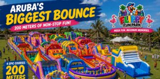 Un bista riba “E Monster Bounce”: e circuito di 200 meter cu ta forma e curazon di Flippy’s Fun Park: Cuater pista, decenanan di obstaculo y un diseño cu ta pone amigo competi contra amigo — Flippy’s Fun Park ta habri e cortina riba su atraccion mas grandi