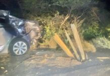 Na Paradera chauffeur a perde control bay ranca sosten di palo di lus y resulta herida
