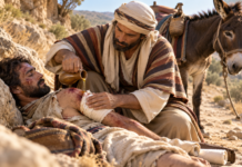 El a bay cerca e homber, hunta su heridanan cu azeta y biña y mara nan. (Lucas 10, 34)