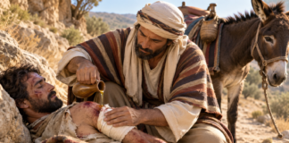 El a bay cerca e homber, hunta su heridanan cu azeta y biƱa y mara nan. (Lucas 10, 34)