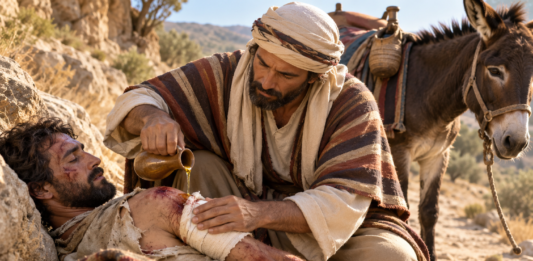 El a bay cerca e homber, hunta su heridanan cu azeta y biña y mara nan. (Lucas 10, 34)