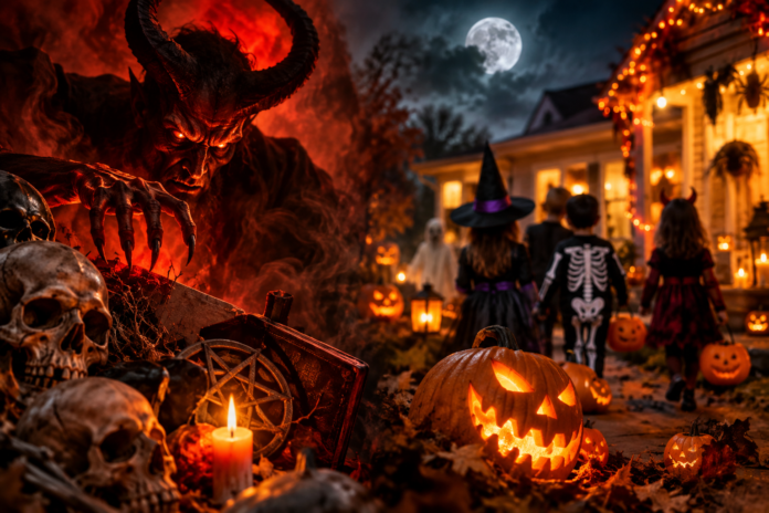 Demonic Halloween Nightscape and Trick-or-Treaters