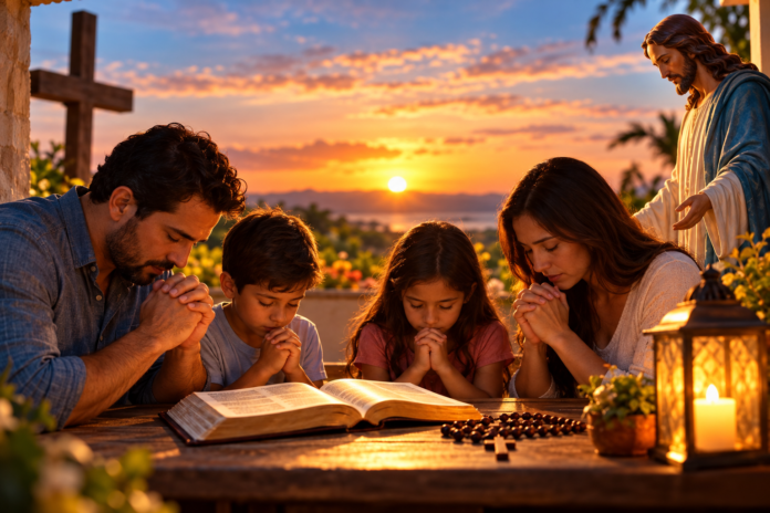 Family Prayer at Sunset