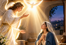 E ora ey e angel a contest’e: ”Spirito Santo lo baha ariba bo y poder di Altisimo lo tapa bo manera un sombra. P’esey e yiu cu lo bo trece na mundo lo ta santo y nan lo yam’e ’Yiu di Dios’.” Lucas 1, 35