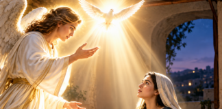 E ora ey e angel a contestโe: โSpirito Santo lo baha ariba bo y poder di Altisimo lo tapa bo manera un sombra. Pโesey e yiu cu lo bo trece na mundo lo ta santo y nan lo yamโe โYiu di Diosโ.โ Lucas 1, 35