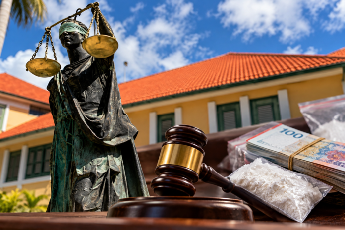 Lady Justice, Gavel, Drugs and Cash